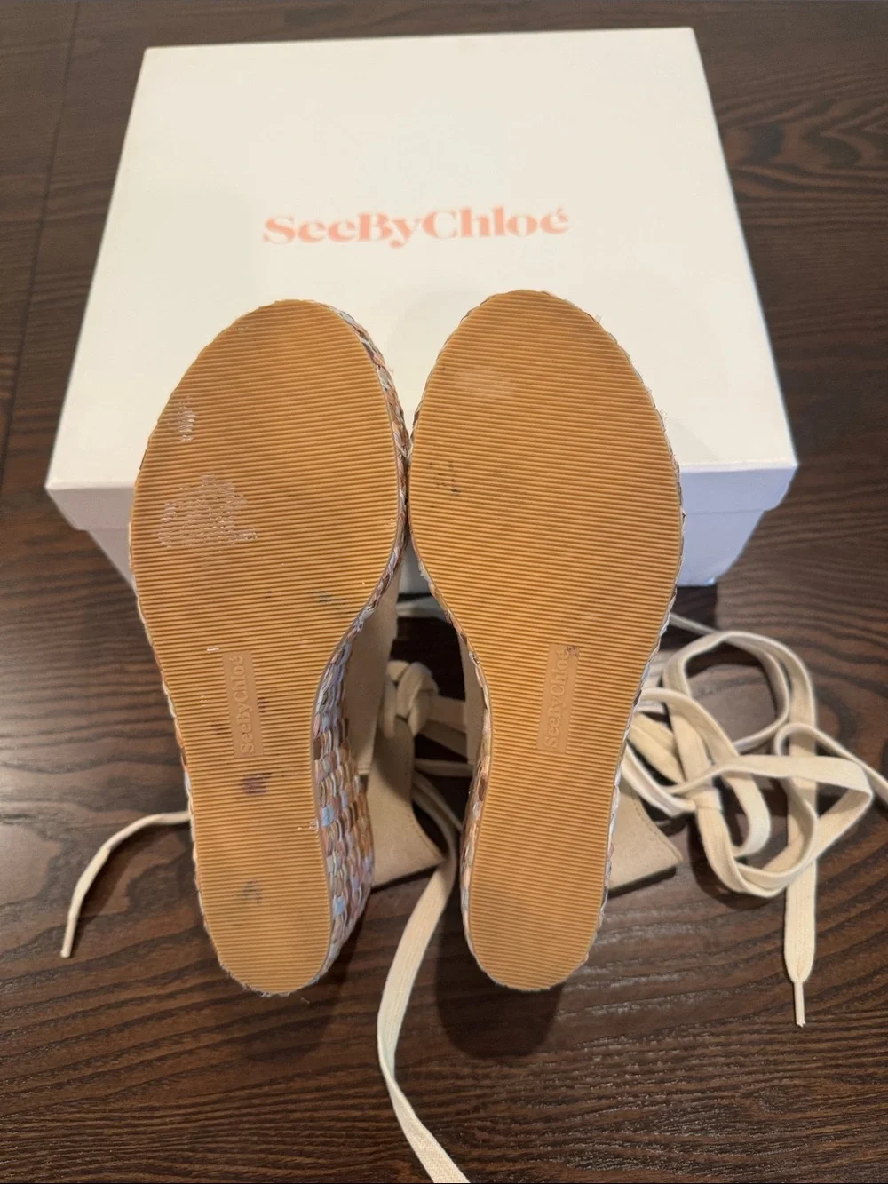 See By Chloé Cream Suede Lace-Up Woven Platform Sandals